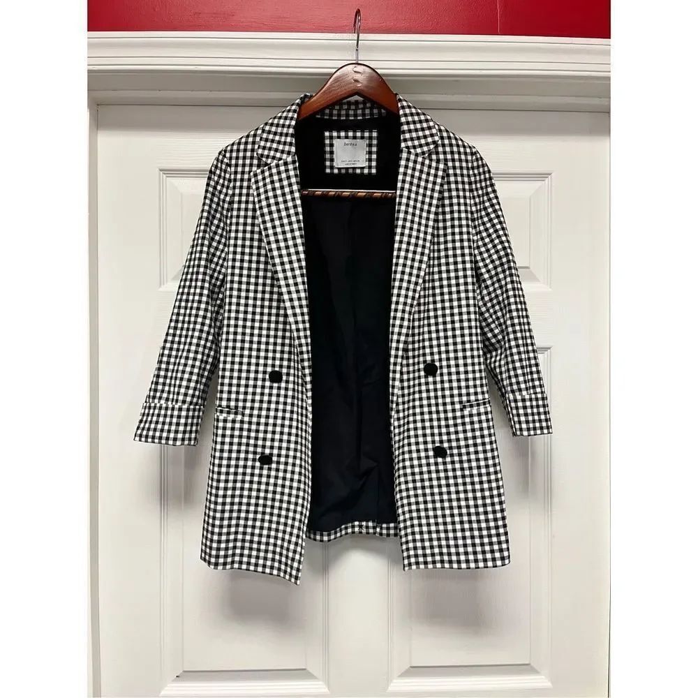 Bershka Black & White Gingham  Open Front Blazer Jacket sz S NWOT